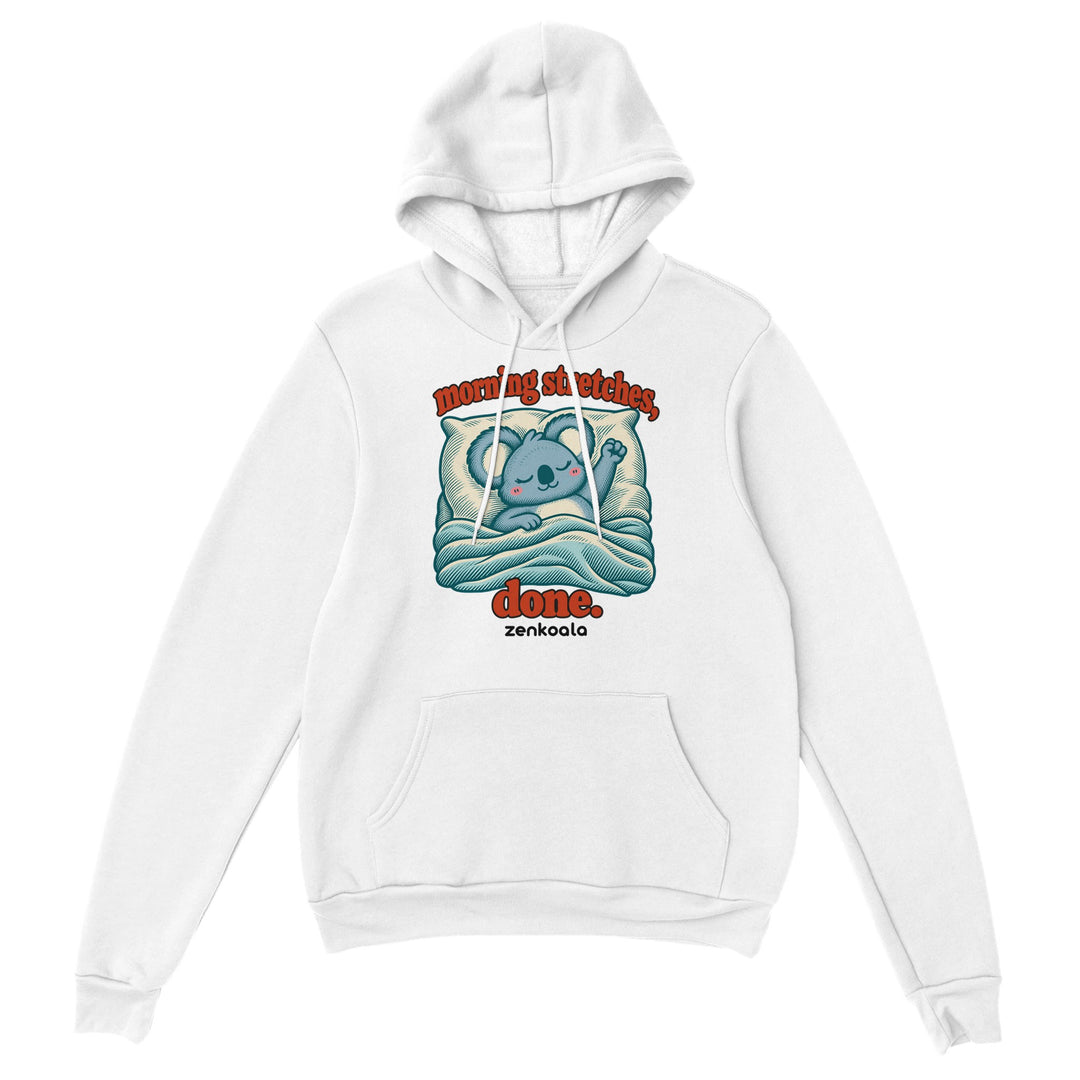 Morning Stretches Done feel-good hoodie in white, Zen Koala Australia