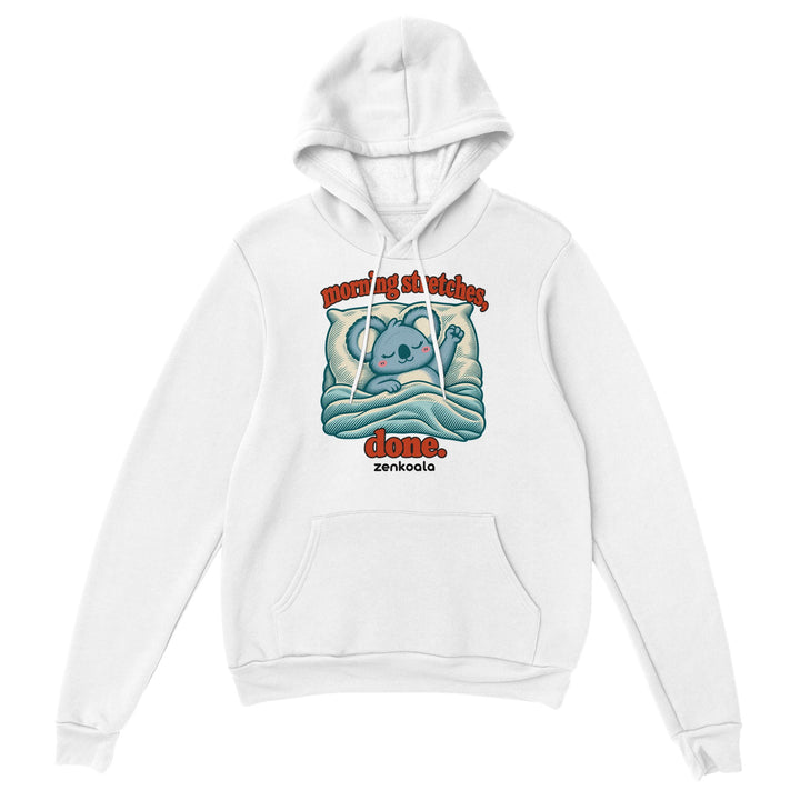 Morning Stretches Done feel-good hoodie in white, Zen Koala Australia