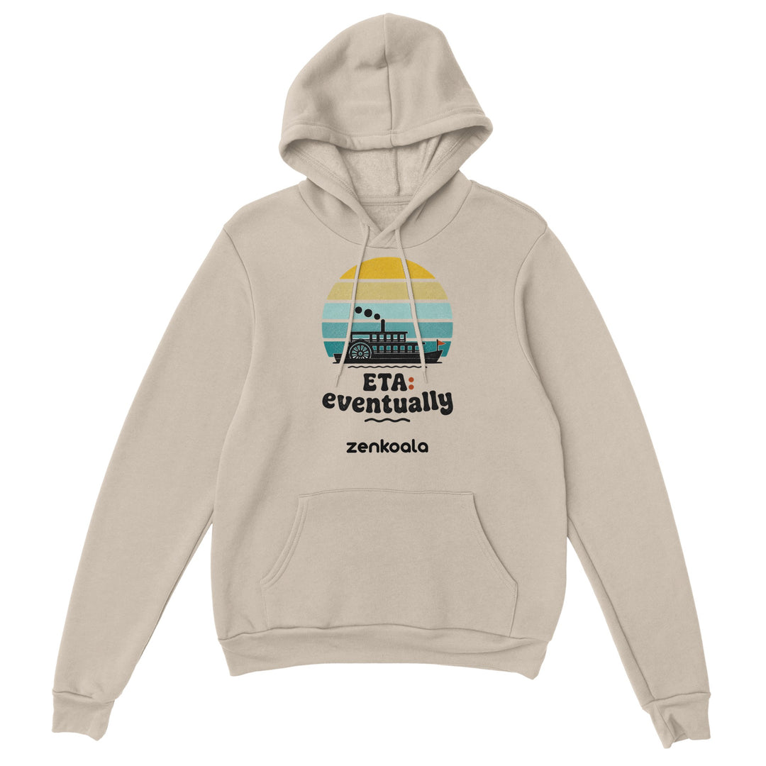 ETA Eventually feel-good hoodie in Sand — a retro sunset paddle steamer in no rush, Zen Koala Australia