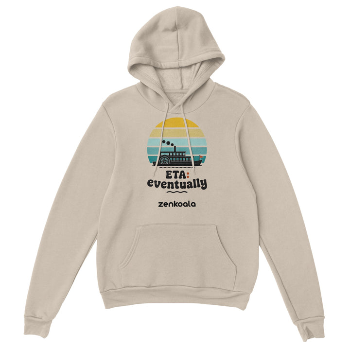 ETA Eventually feel-good hoodie in Sand — a retro sunset paddle steamer in no rush, Zen Koala Australia