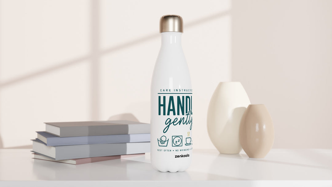 Handle Gently Care Instructions water bottle beside books and vases, Zen Koala Australia