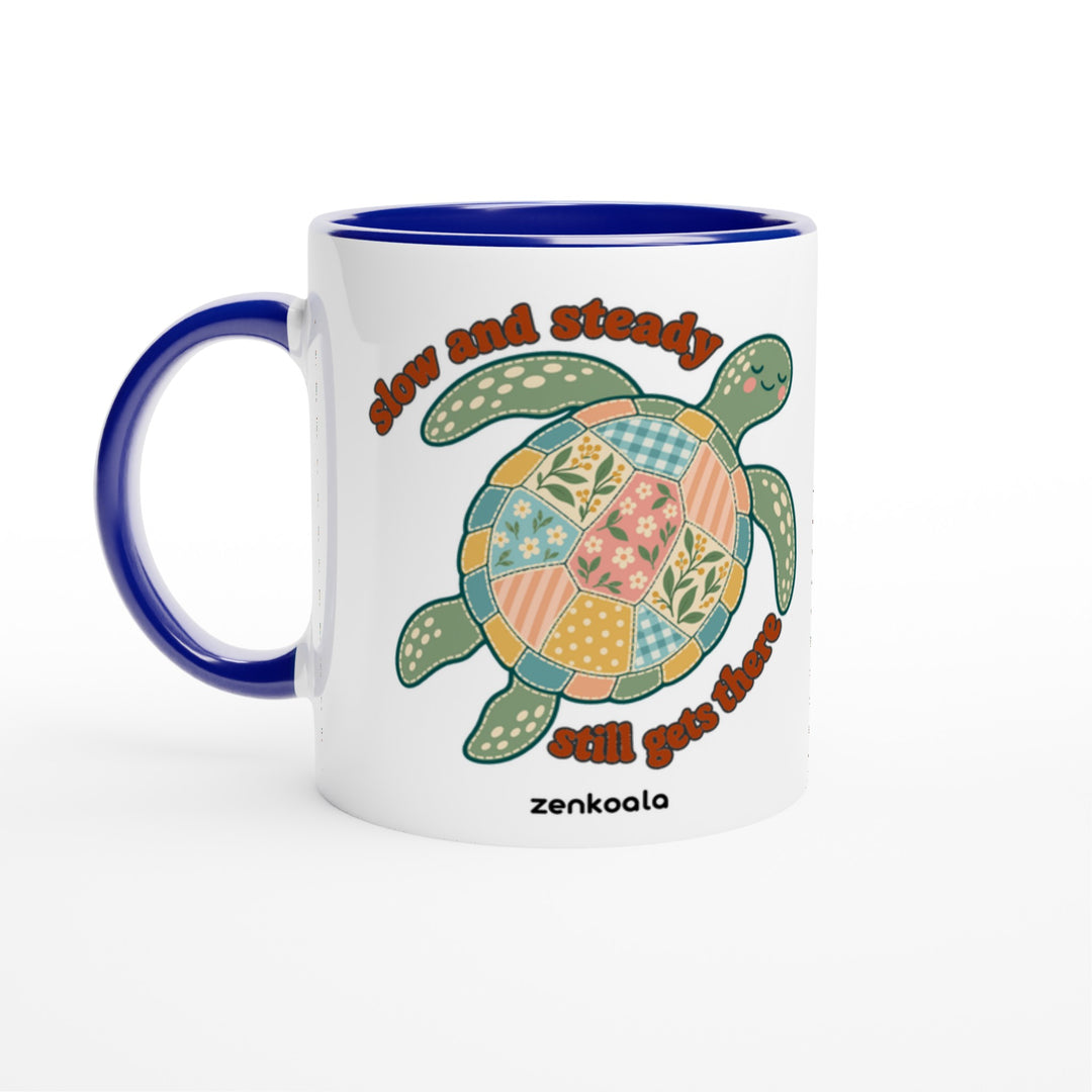 Slow and Steady Turtle mug in blue: white with a blue rim, inside and handle, Zen Koala Australia