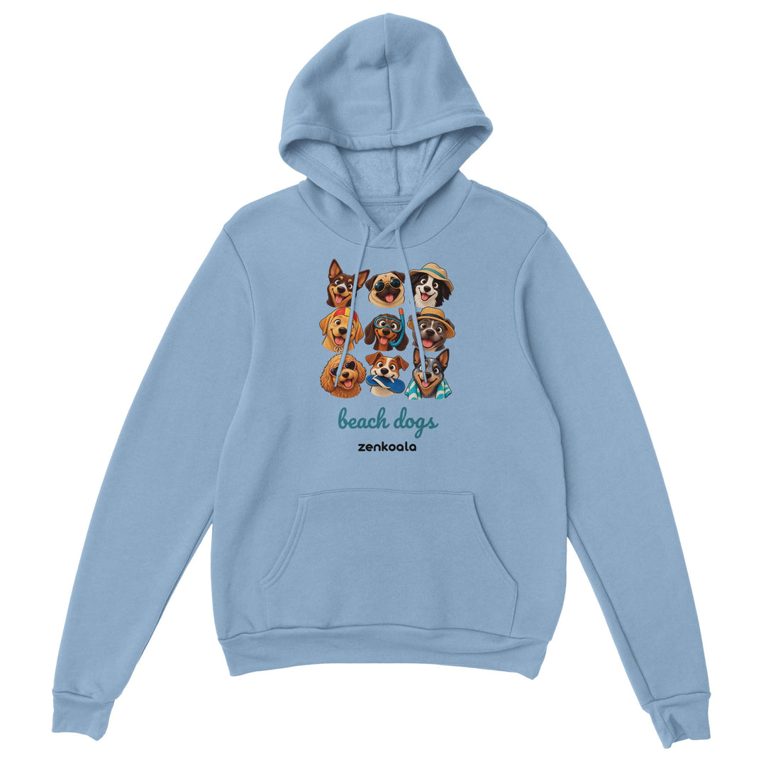 Beach Dogs feel-good hoodie in light blue: a crew of dogs in beach gear, Zen Koala Australia