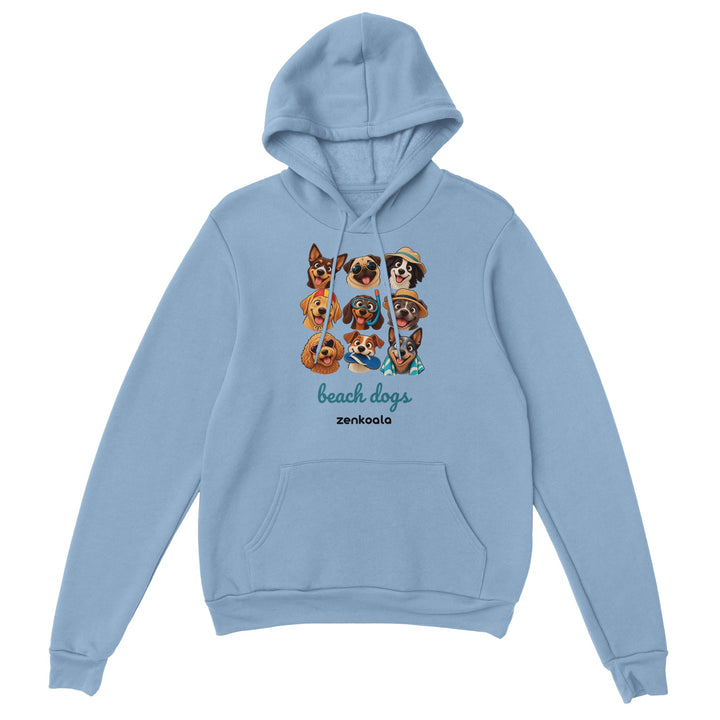 Beach Dogs feel-good hoodie in light blue: a crew of dogs in beach gear, Zen Koala Australia