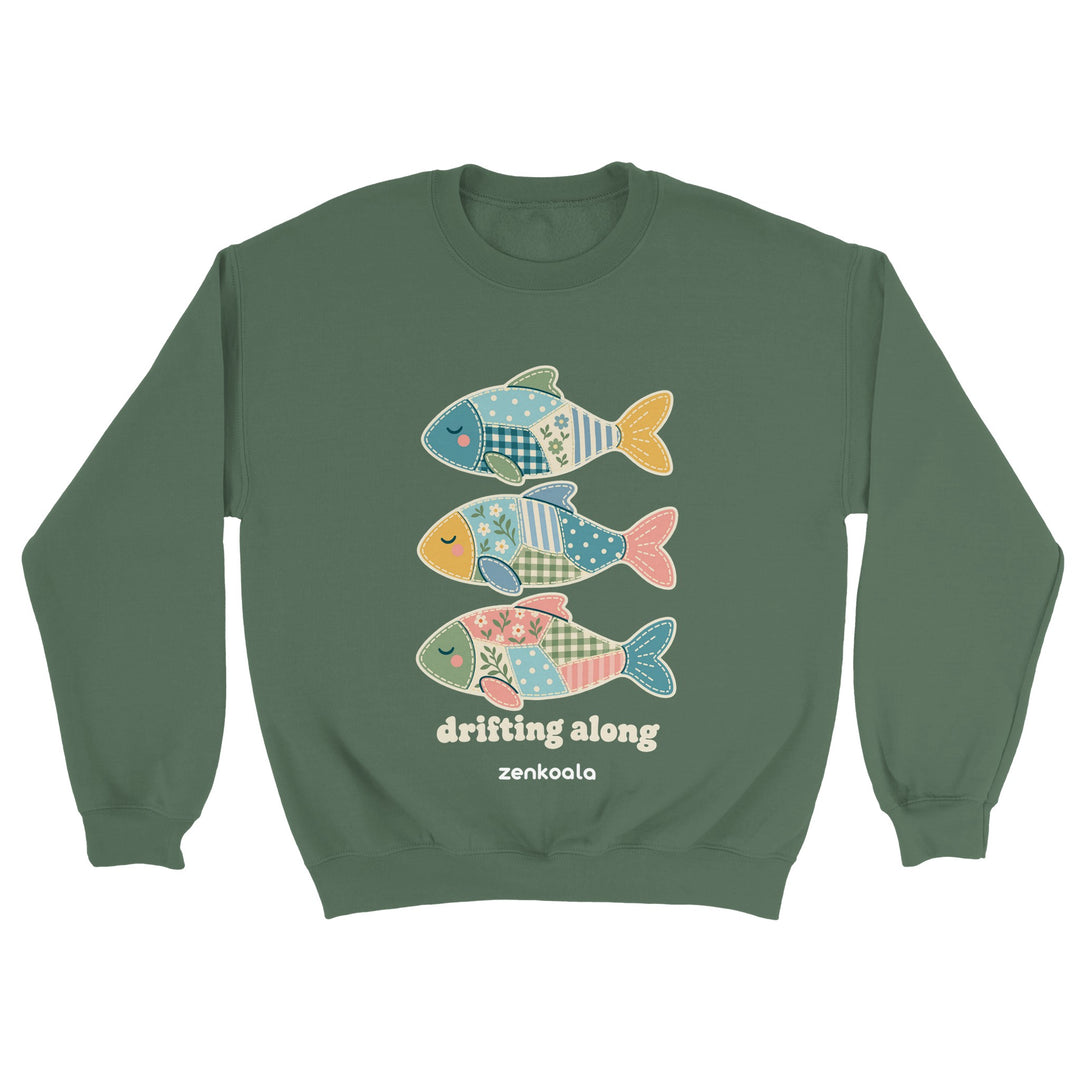 Drifting Along Fish feel-good sweatshirt in military green, Zen Koala Australia
