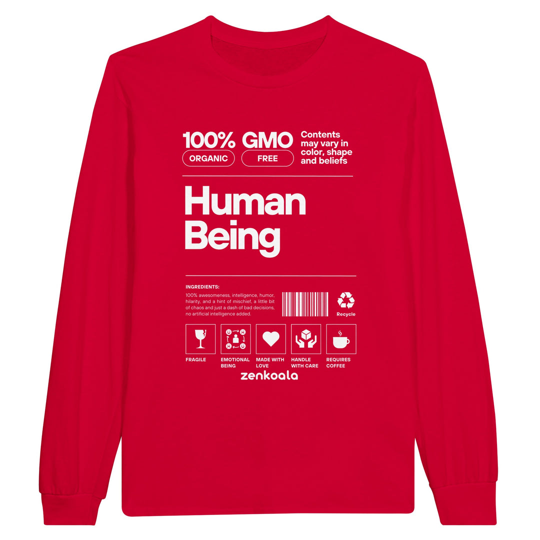 Human Being feel-good long sleeve tee in red, Zen Koala Australia