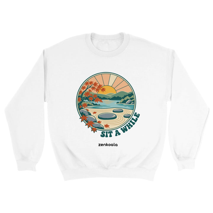 Zen Garden Sit a While feel-good sweatshirt in white: an empty stone in a calm zen garden, Zen Koala Australia