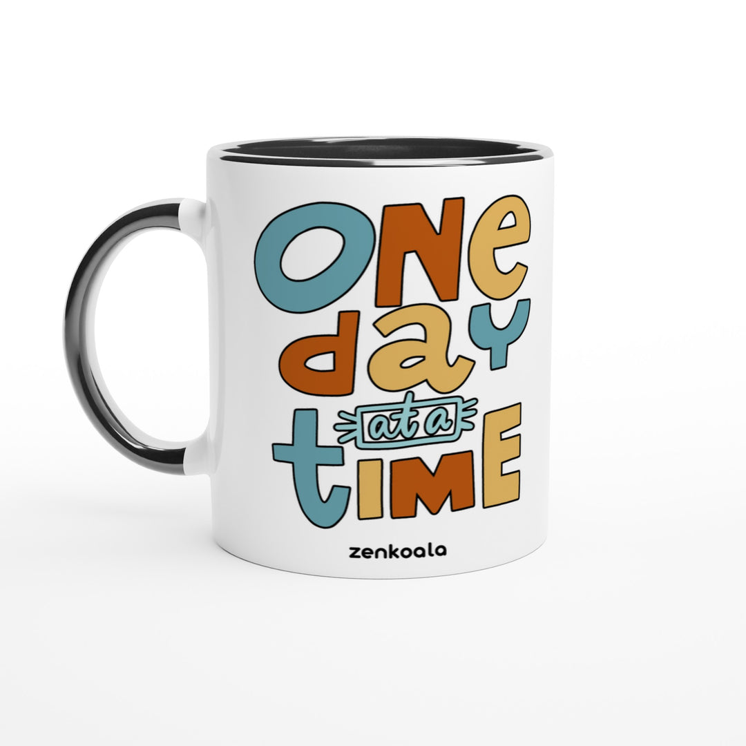 One Day at a Time mug in black: white with a black rim, inside and handle, Zen Koala Australia