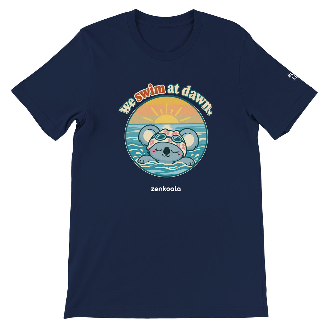 We Swim at Dawn feel-good tee in navy, Zen Koala Australia