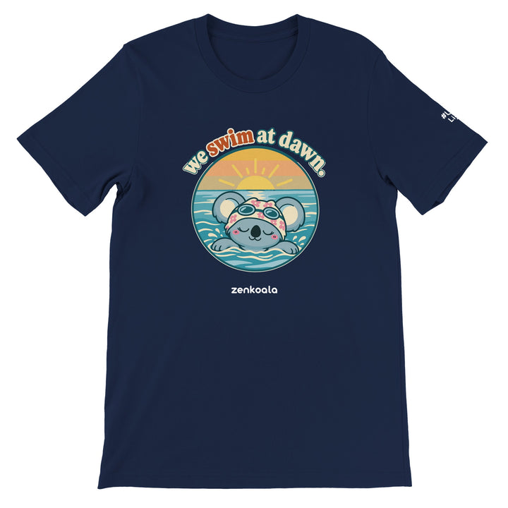 We Swim at Dawn feel-good tee in navy, Zen Koala Australia