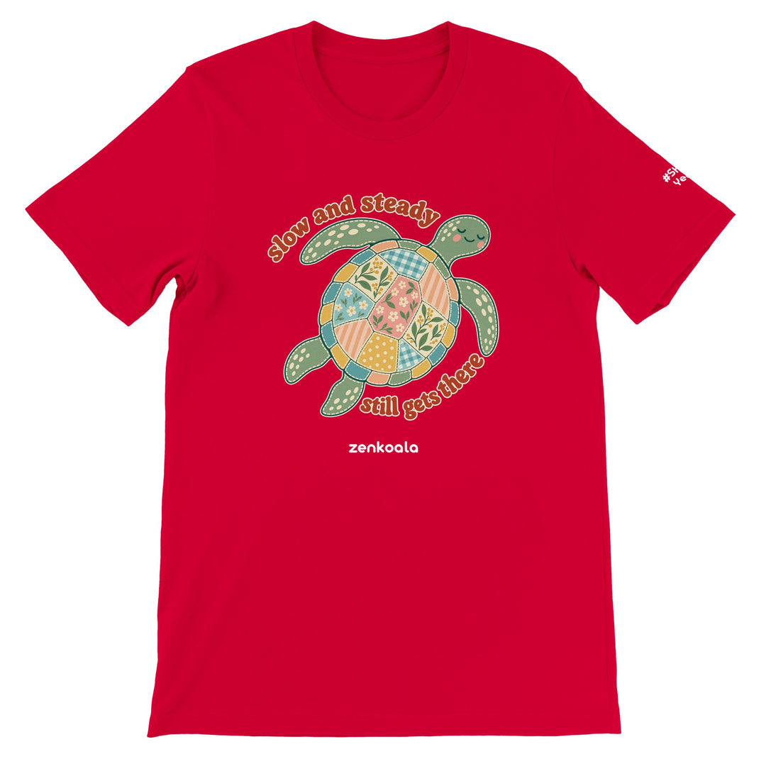 Slow and Steady Turtle feel-good tee in red, Zen Koala Australia