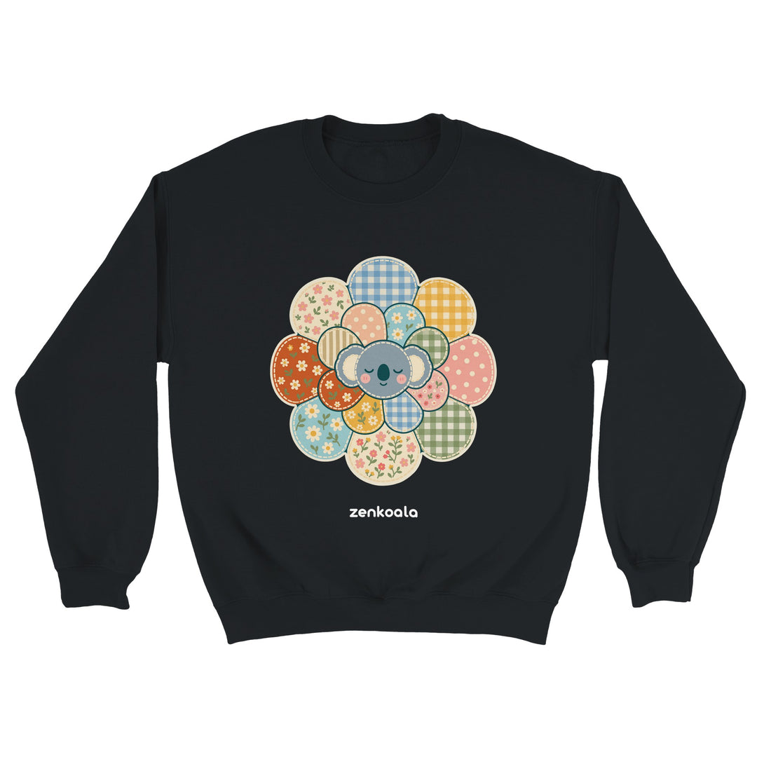 Zen Mandala Flower feel-good sweatshirt in black: a faux patchwork flower with a koala at its heart, Zen Koala Australia