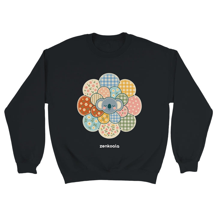 Zen Mandala Flower feel-good sweatshirt in black: a faux patchwork flower with a koala at its heart, Zen Koala Australia