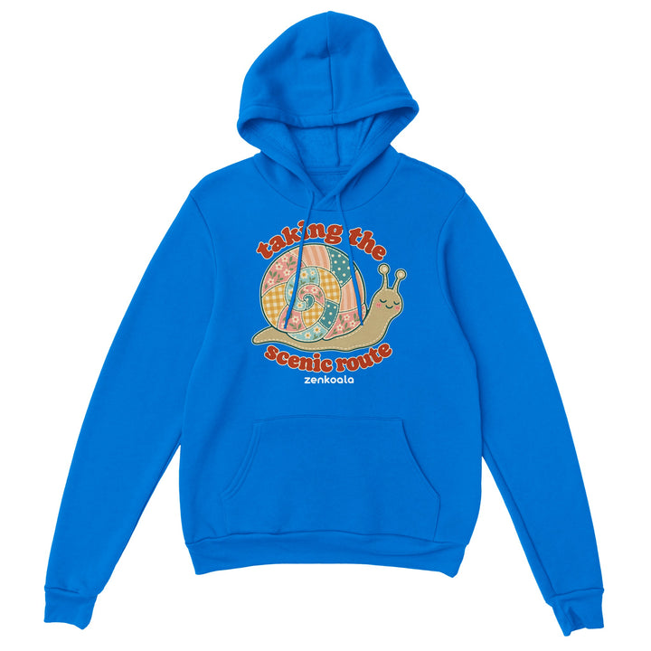 Taking the Scenic Route Snail feel-good hoodie in royal, Zen Koala Australia