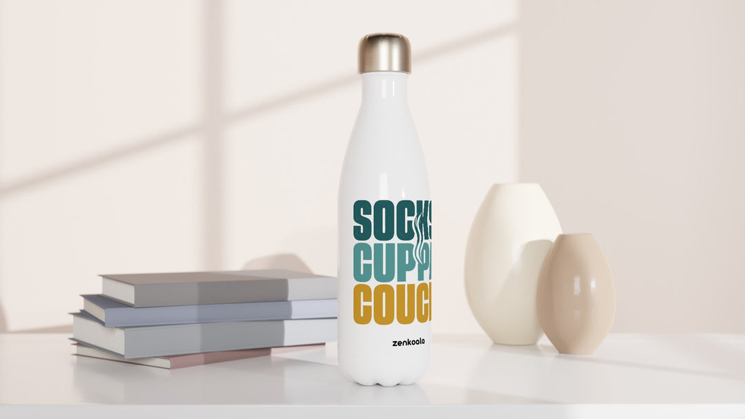 Socks Cuppa Couch water bottle beside books and vases, Zen Koala Australia