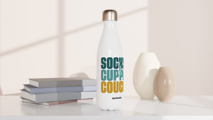 Socks Cuppa Couch water bottle beside books and vases, Zen Koala Australia