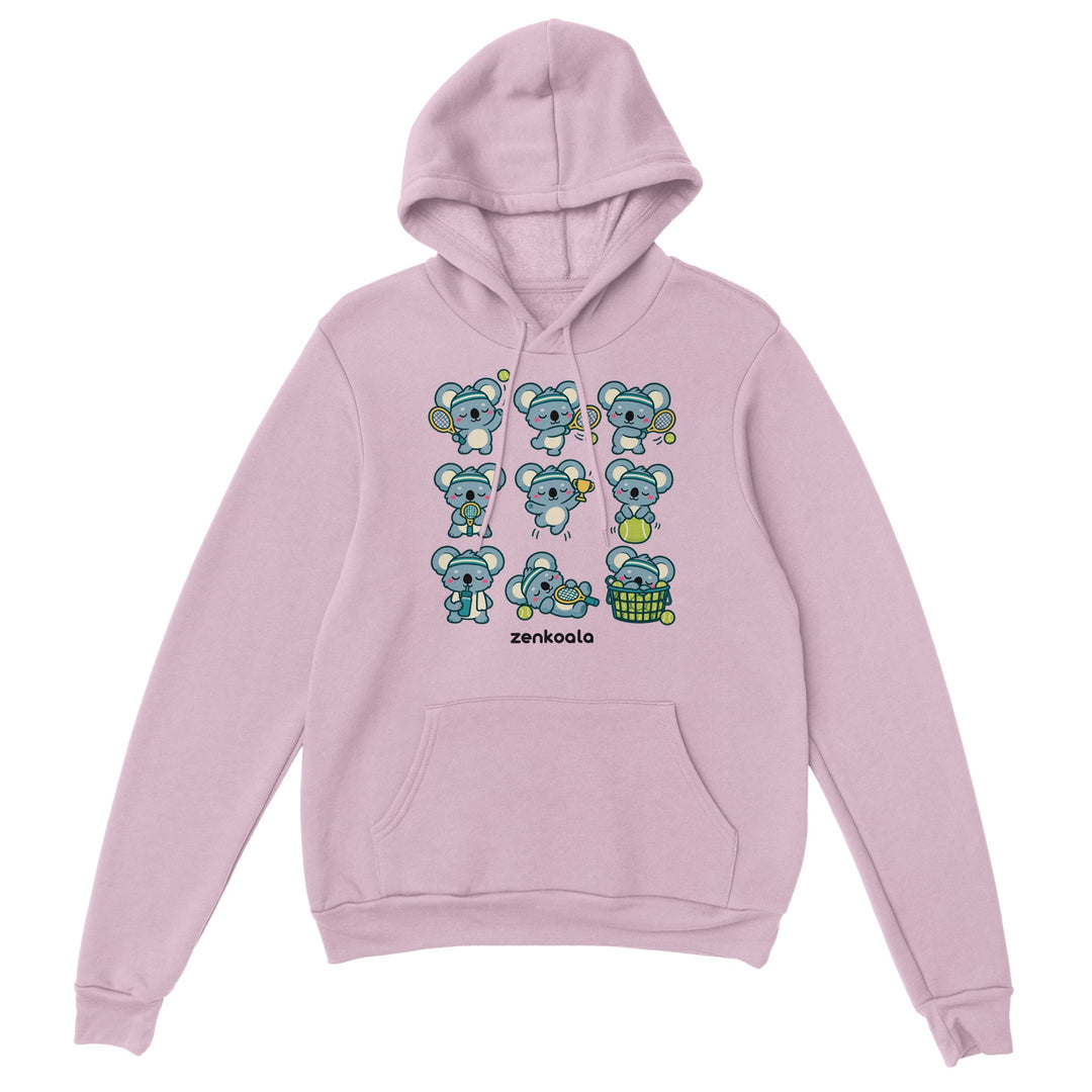 Tennis Koalas feel-good hoodie in light pink, Zen Koala Australia