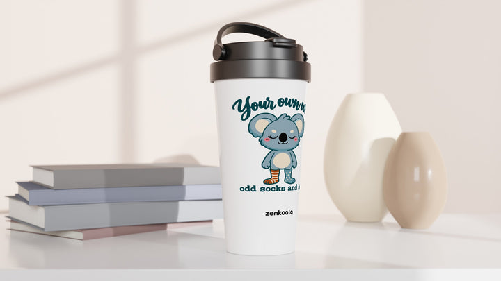 Your Own Way travel mug beside books and vases, Zen Koala Australia
