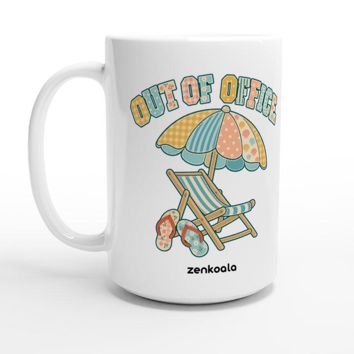 Out of Office Beach feel-good 15oz mug: a faux patchwork beach chair and umbrella, Zen Koala Australia