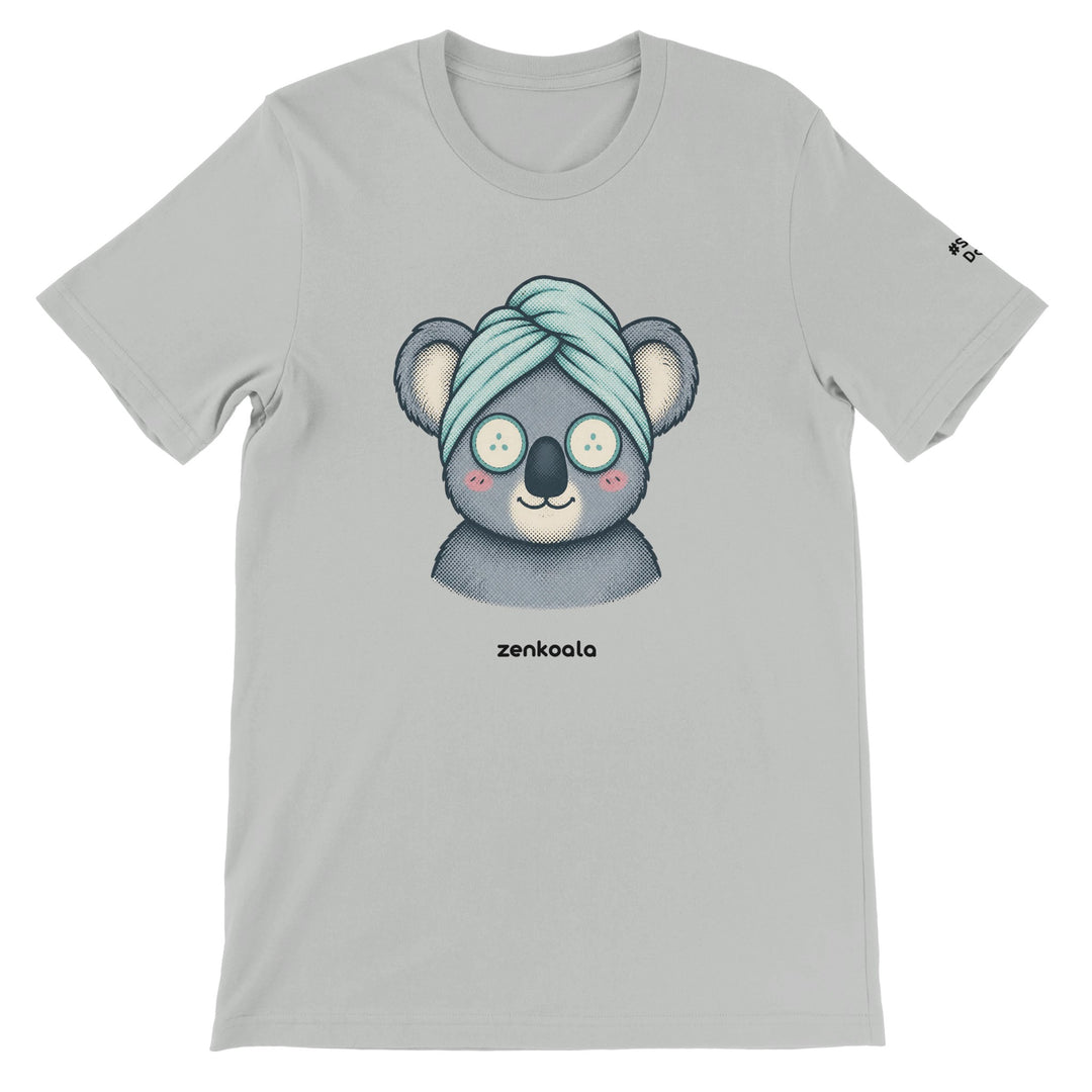Koala Spa Day feel-good tee in silver: a koala in a towel turban with cucumber eyes, Zen Koala Australia