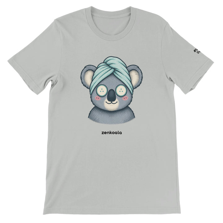 Koala Spa Day feel-good tee in silver: a koala in a towel turban with cucumber eyes, Zen Koala Australia