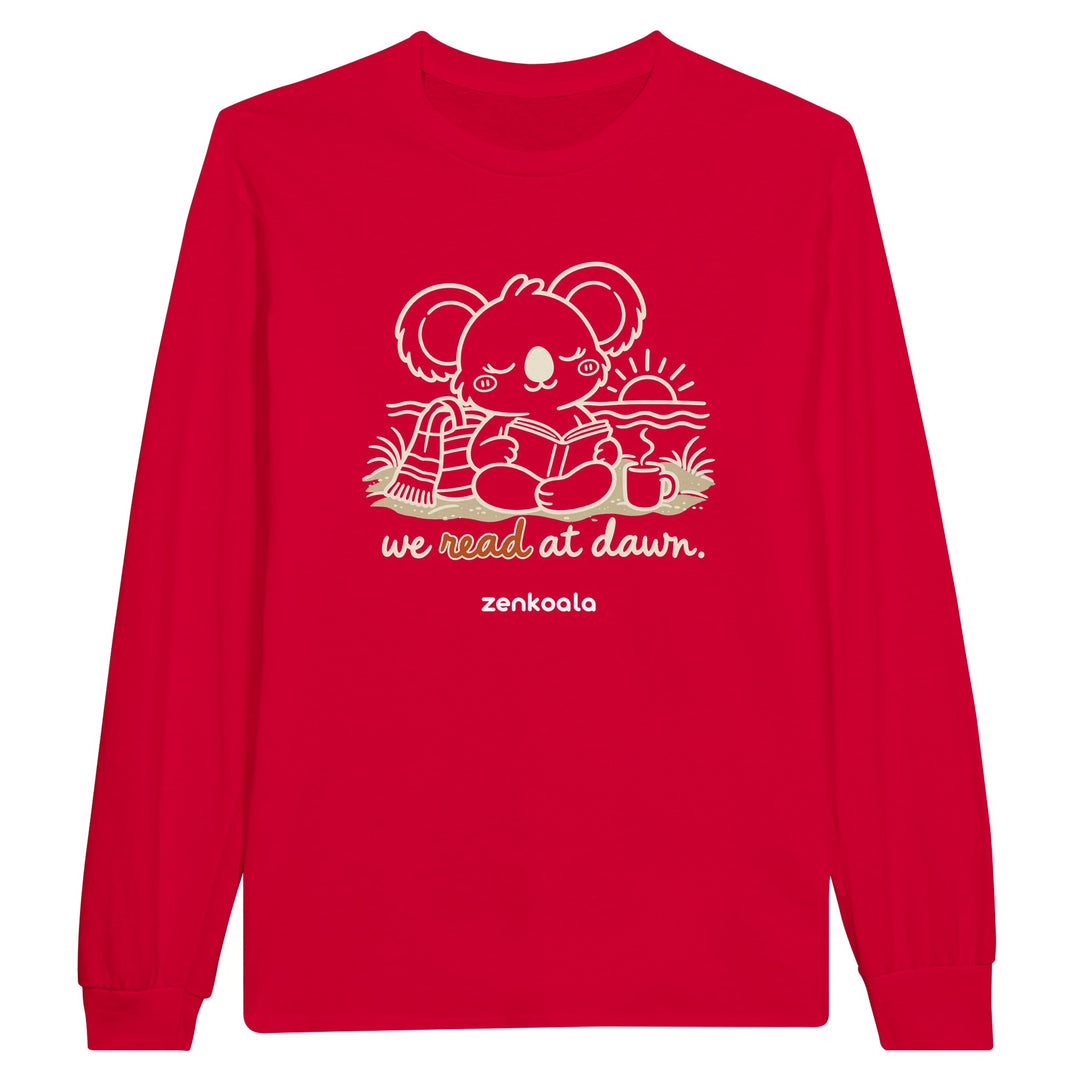 We Read at Dawn feel-good long sleeve tee in red, Zen Koala Australia