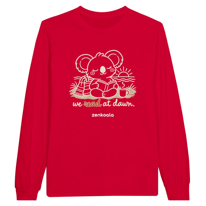 We Read at Dawn feel-good long sleeve tee in red, Zen Koala Australia