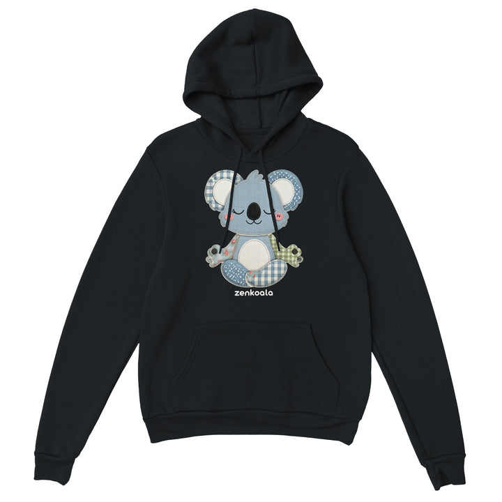 Faux Patchwork Meditating Koala feel-good hoodie in black, Zen Koala Australia