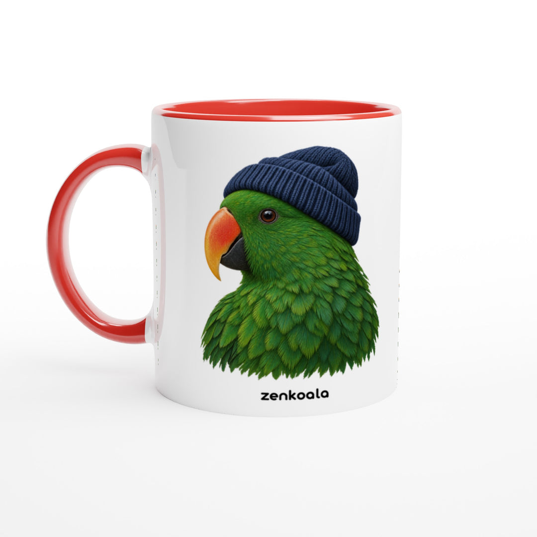 Parrot Beanie mug in red: white with a red rim, inside and handle, Zen Koala Australia