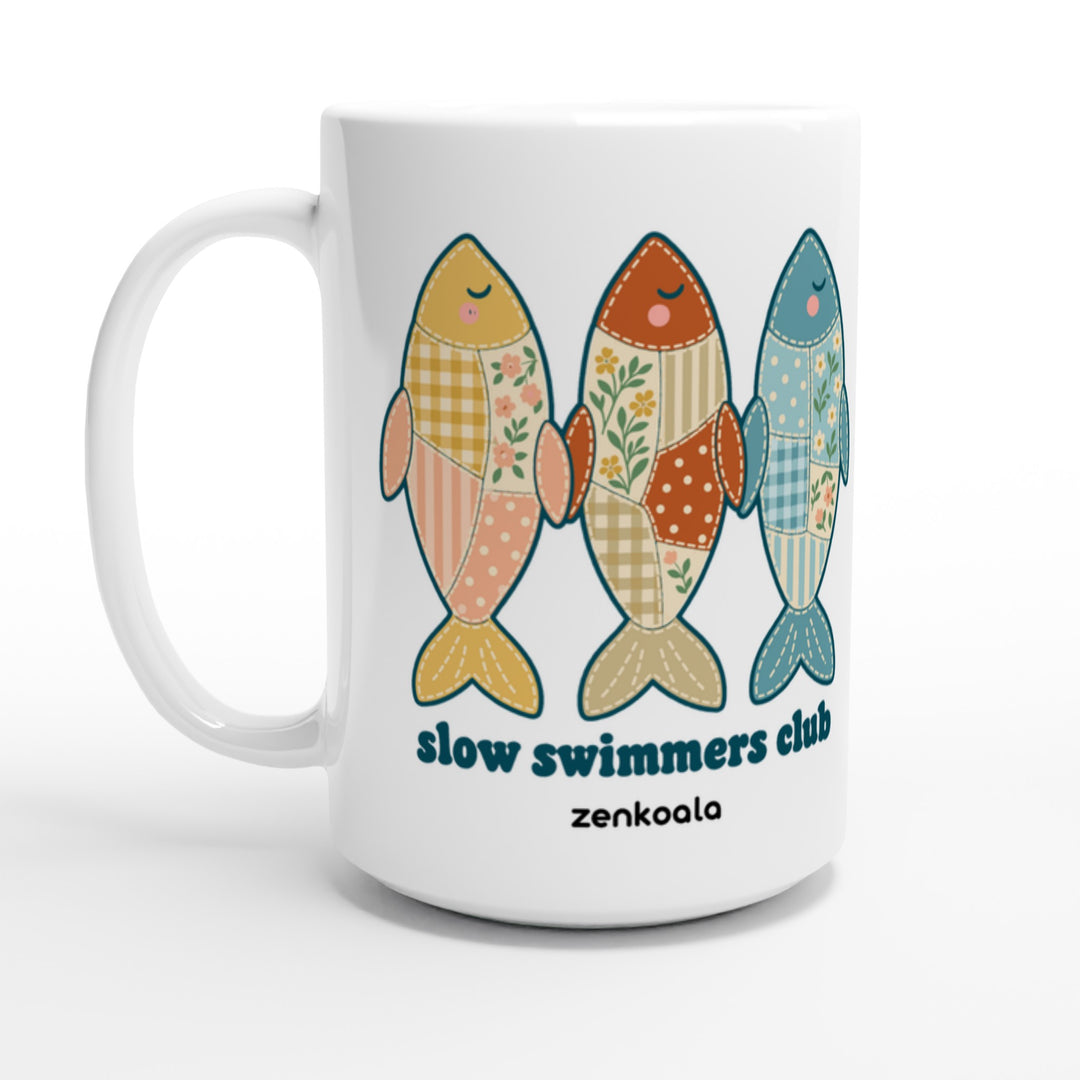 Slow Swimmers Club feel-good 15oz mug: three sleepy faux patchwork fish, Zen Koala Australia