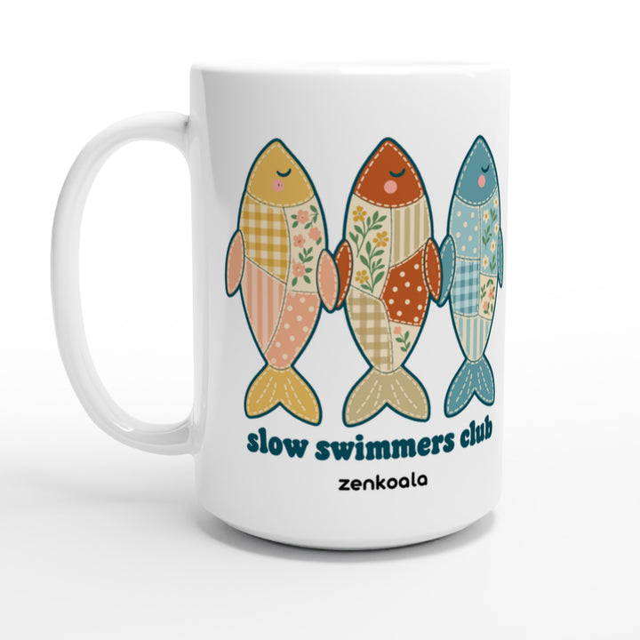 Slow Swimmers Club feel-good 15oz mug: three sleepy faux patchwork fish, Zen Koala Australia