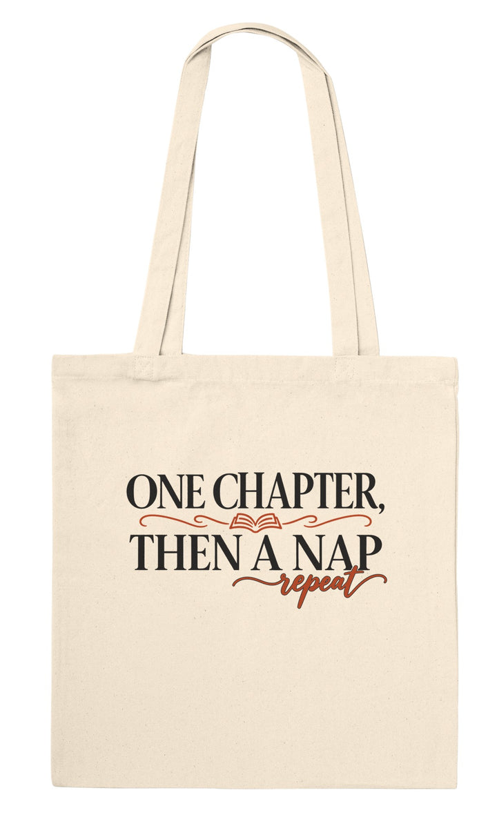 One Chapter Then a Nap feel-good tote bag in natural: classic book lettering with an open book, Zen Koala Australia