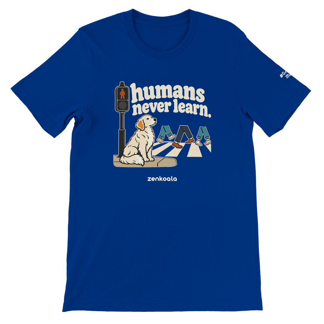 Humans Never Learn feel-good tee in true royal, Zen Koala Australia