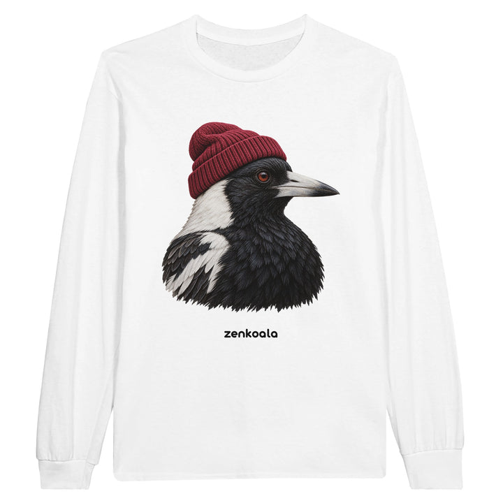 Magpie Beanie feel-good long sleeve tee in white, Zen Koala Australia