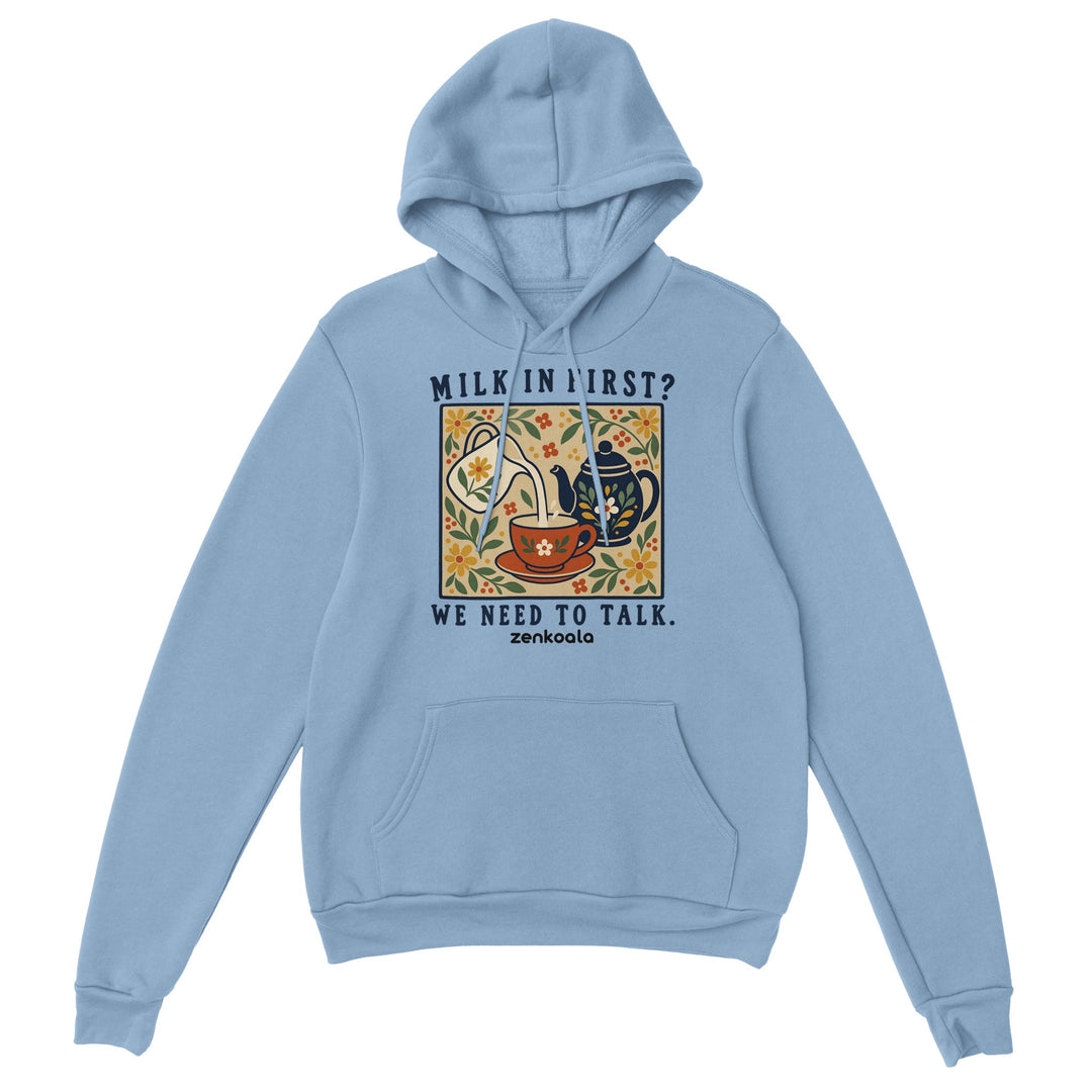 Milk in First feel-good hoodie in light blue: a folk-art milk jug, teapot and teacup, Zen Koala Australia