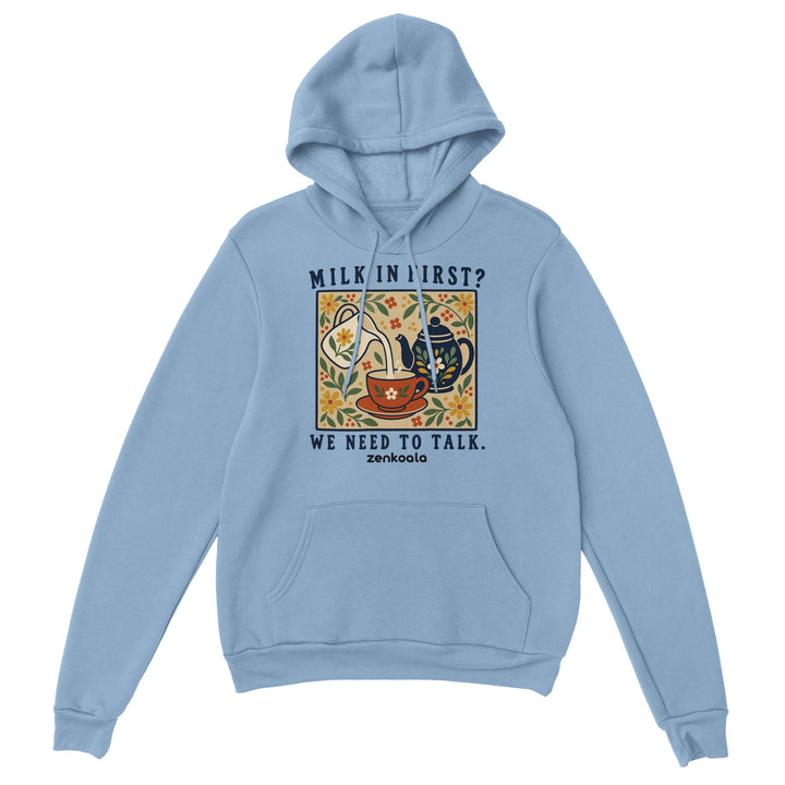 Milk in First feel-good hoodie in light blue: a folk-art milk jug, teapot and teacup, Zen Koala Australia