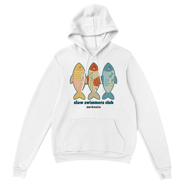 Slow Swimmers Club feel-good hoodie in white, Zen Koala Australia