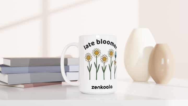 Late Bloomer 15oz mug beside books and vases, Zen Koala Australia