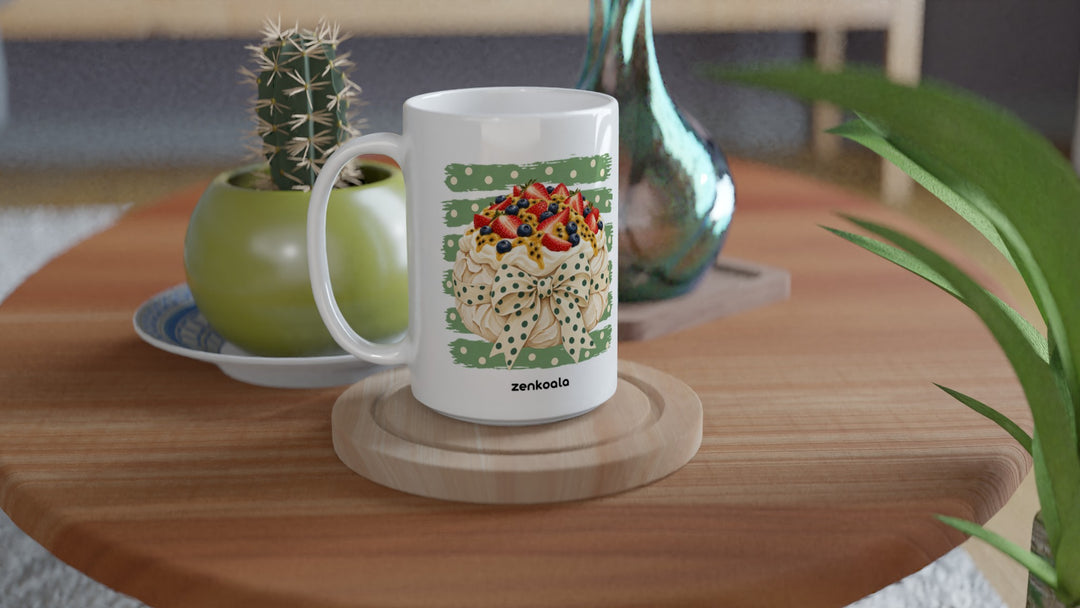 Pavlova 15oz mug on a wooden table with a cactus, Zen Koala Australia
