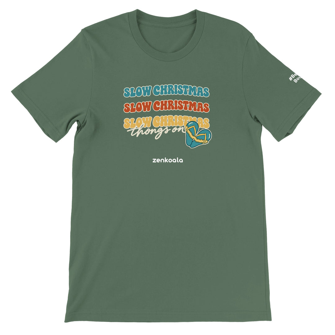 Slow Christmas Thongs On feel-good tee in military green, Zen Koala Australia