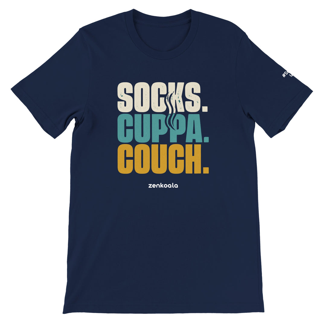 Socks Cuppa Couch feel-good tee in navy, Zen Koala Australia