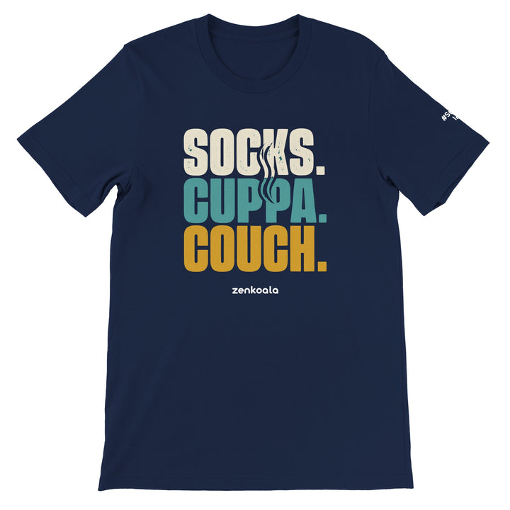 Socks Cuppa Couch feel-good tee in navy, Zen Koala Australia
