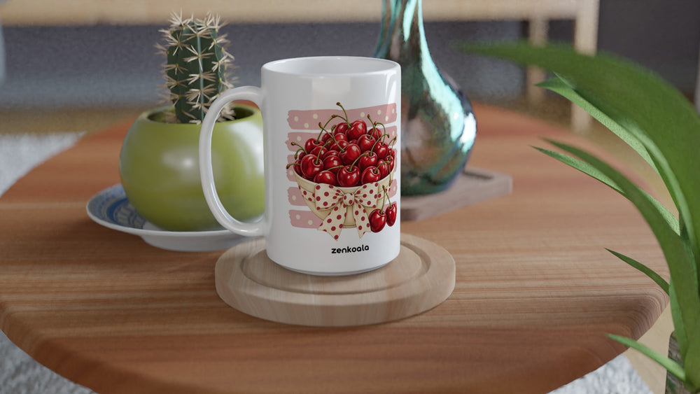 Cherries 15oz mug on a wooden table with a cactus, Zen Koala Australia