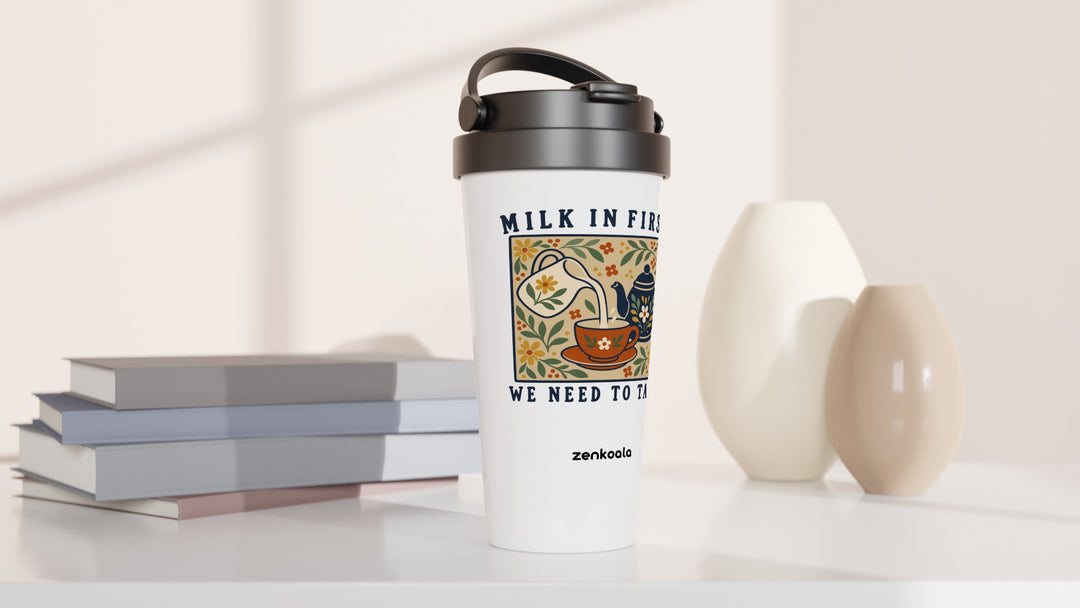 Milk in First travel mug beside books and vases, Zen Koala Australia
