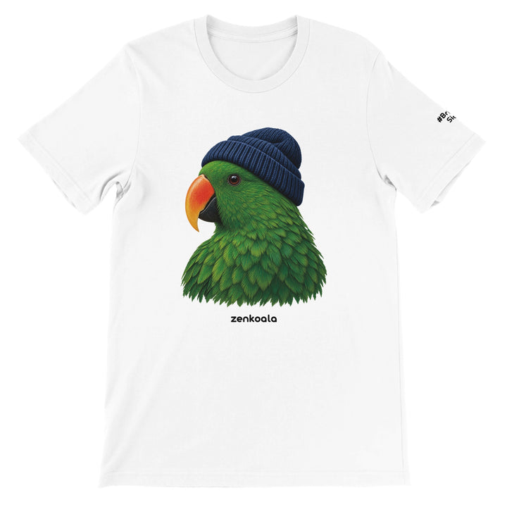 Parrot Beanie feel-good tee in white: a green parrot in a beanie, Zen Koala Australia