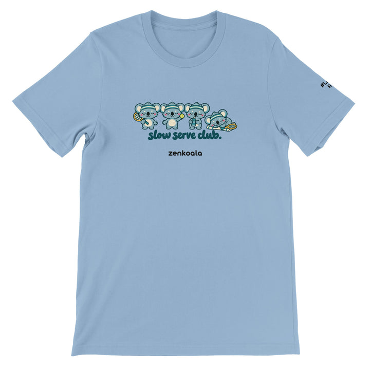 Slow Serve Club feel-good tee in light blue, Zen Koala Australia