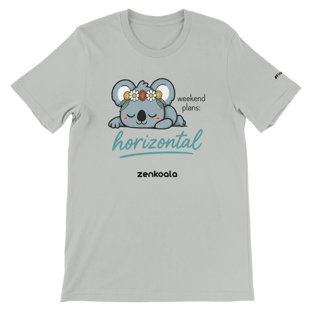 Weekend Plans Horizontal feel-good tee in silver — a sleepy koala in an Aussie wildflower crown, Zen Koala Australia