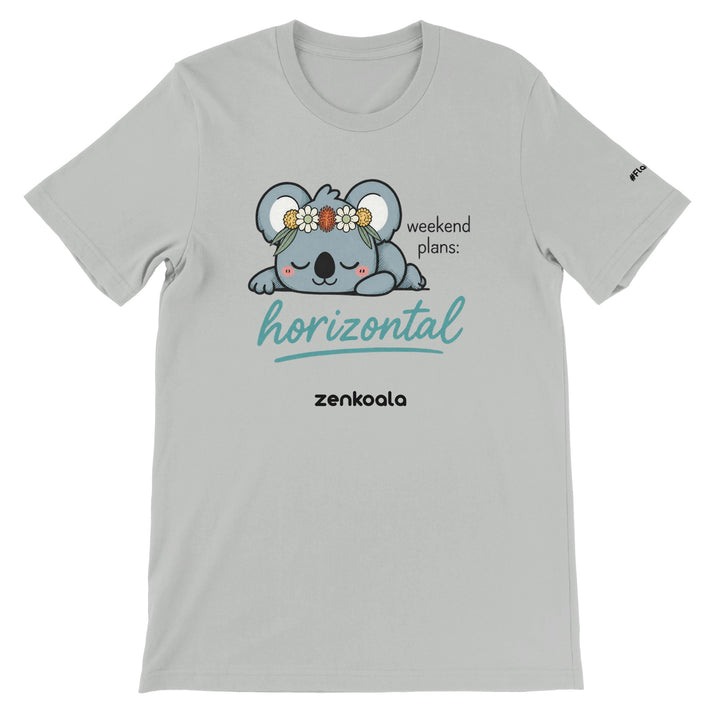 Weekend Plans Horizontal feel-good tee in silver — a sleepy koala in an Aussie wildflower crown, Zen Koala Australia
