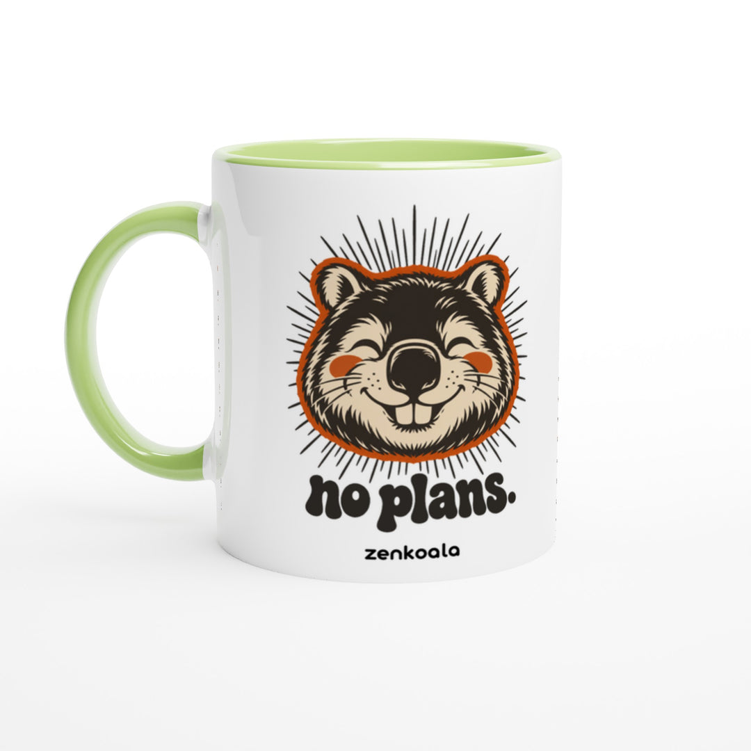 No Plans mug in green: white with a green rim, inside and handle, Zen Koala Australia