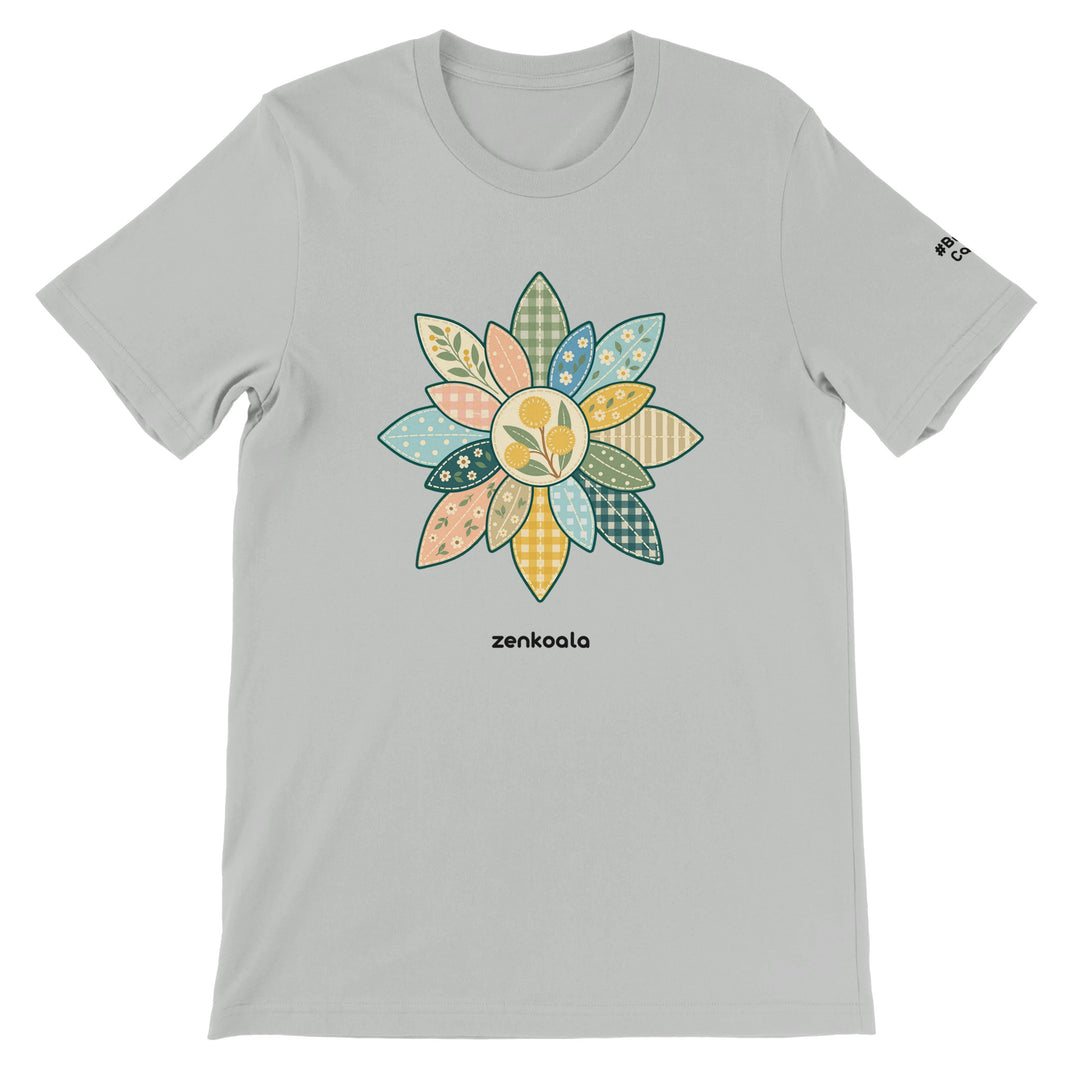 Wattle Mandala feel-good tee in silver, Zen Koala Australia